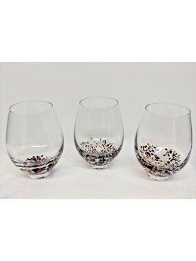 VTG Confetti Hand Blown Stemless Wine Glass SetOf 3 MultiColor 4” Tall